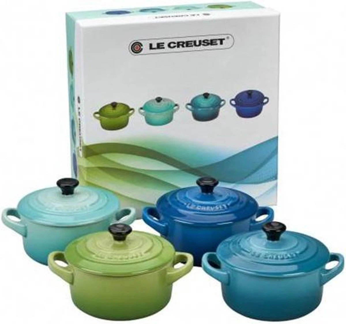 Le Creuset - Aardewerken Mini Pannetjes 10 Cm - Set Van 4 Stuks - Zeetinten 3 Le Creuset - Aardewerken Mini Pannetjes 10 Cm - Set Van 4 Stuks - Zeetinten